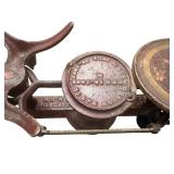 Antique Kitchen Scale with Large Brass Pan and Dial Gauge on Cast Iron Base