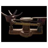 Antique Kitchen Scale with Large Brass Pan and Dial Gauge on Cast Iron Base