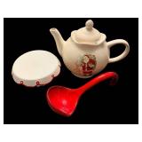 Ceramic Santa Teapot With Lid & Red Ladle - 3-Piece Christmas Kitchen Set