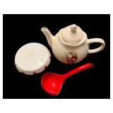 Ceramic Santa Teapot With Lid & Red Ladle - 3-Piece Christmas Kitchen Set