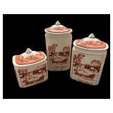 3-Piece Ceramic Canister Set - Red Transferware Scenic Countryside with Lids