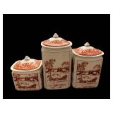 3-Piece Ceramic Canister Set - Red Transferware Scenic Countryside with Lids