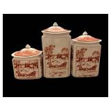 3-Piece Ceramic Canister Set - Red Transferware Scenic Countryside with Lids