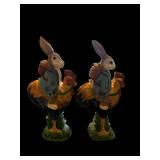 Rabbit Figurines - Pair in Teal Jackets with Backpacks on Grass Bases
