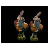 Rabbit Figurines - Pair in Teal Jackets with Backpacks on Grass Bases