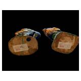 Rabbit Figurines - Pair in Teal Jackets with Backpacks on Grass Bases