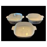 White Ceramic Corning Ware Casserole Dishes Set of 3 with Blue Floral Pattern and Glass Lid