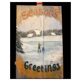 Seasons Greetings Wooden Sign - 29 x 16 in - Winter Village Scene