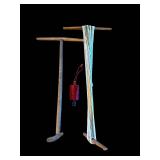 2 Wooden Frame Looms with Blue Warp Threads and Red Thread Spool
