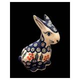 Rabbit Figurine Set - 2-Piece Ceramic Blue/White Floral Rabbit & Bronze Bunny