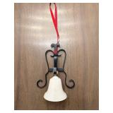 Decorative Ceramic Bell on Wrought Iron Frame - Hanging Ornament with Red Ribbon