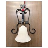 Decorative Ceramic Bell on Wrought Iron Frame - Hanging Ornament with Red Ribbon