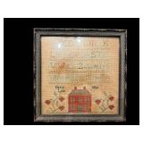 Framed Cross-Stitch Sampler with House Motif - 8.5 x 8.5 in