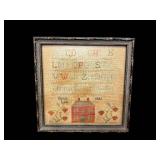 Framed Cross-Stitch Sampler with House Motif - 8.5 x 8.5 in