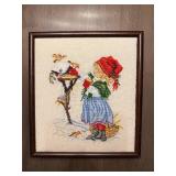 12x13 Framed Cross-Stitch Embroidery - Winter Girl With Red Hat