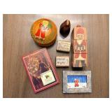 Vintage Wooden Christmas Toys Set with Santa Blocks, Tin & Frame