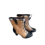 Boots - Size 38 EU Ankle Boots with Lace-Up Front, Side ZIP, Tan & Black Leather