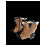 Boots - Size 38 EU Ankle Boots with Lace-Up Front, Side ZIP, Tan & Black Leather