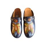 Swedish-Style Hand-Painted Floral Clogs - Navy Leather, Wooden Sole