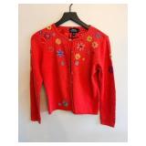 Icelandic Design Cardigan - Red Knit with Floral Embroidery - Size S