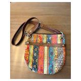 Patchwork Stripe Crossbody Bag - Multicolor Fabric & Brown Trim