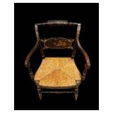 Armchair - Antique Black Lacquer with Gold Floral Motifs & Rush Seat