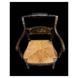 Armchair - Antique Black Lacquer with Gold Floral Motifs & Rush Seat