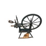 Antique Hand-Crank Spinning Wheel with Large Flywheel on Wood Base