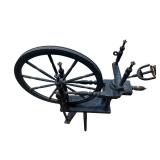 Antique Hand-Crank Spinning Wheel with Large Flywheel on Wood Base