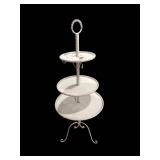Vintage White Metal Tiered Stand with Ring Handle - 51in H x 19in Dia