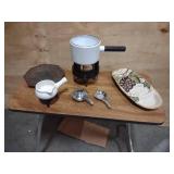 Fondue Pot, Olive Tray, Silver Palted Plate