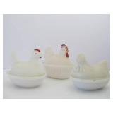 3 Vintage Milk Glass Chicken Baskets