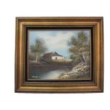 Framed Signed Vintage Oil on Canvas Painting - Farmhouse by River