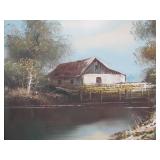 Framed Signed Vintage Oil on Canvas Painting - Farmhouse by River