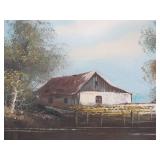 Framed Signed Vintage Oil on Canvas Painting - Farmhouse by River