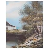 Framed Signed Vintage Oil on Canvas Painting - Farmhouse by River