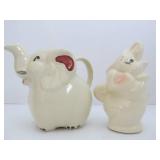 Group of SHAWNEE Pigs Cat & Elephant Cream Pitchers & Salt / Pepper Shaker Set