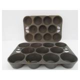 2 Vintage GRISWOLD & Wagner Cast Iron Muffin Pans