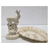 Vintage RED WING Art Pottery Deer Flower Frog w/Original Base