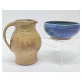 Nice Looking Signed Art Pottery Pitcher & Bowl