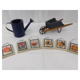 Framed Floral Prints (6) & Blue Wheelbarrow Planter & Watering Can