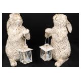 Pair of Distressed White Hare Lantern Statues - Garden Decor