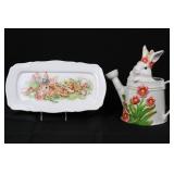 Rabbit-Themed Ceramic Platter & Rabbit Head Watering Can Set