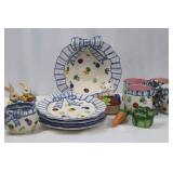 Blue Stripe Bow Rim Ceramic Dinnerware Set with Fruit Motifs (Plates, Mugs)