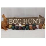 Egg Hunt Wooden Sign with Bunny Figurines and Painted Easter Eggs
