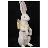 White Plush Easter Bunny with Yellow Backpack Basket and Colorful Eggs