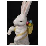 White Plush Easter Bunny with Yellow Backpack Basket and Colorful Eggs