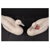 Pair of Crackle-Glaze Ceramic Swan Figurines with Ribbon - Vintage Decor