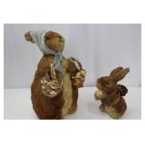 Plush Rabbits Pair - Brown/Tan with Woven Straw Baskets
