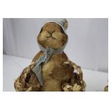 Plush Rabbits Pair - Brown/Tan with Woven Straw Baskets